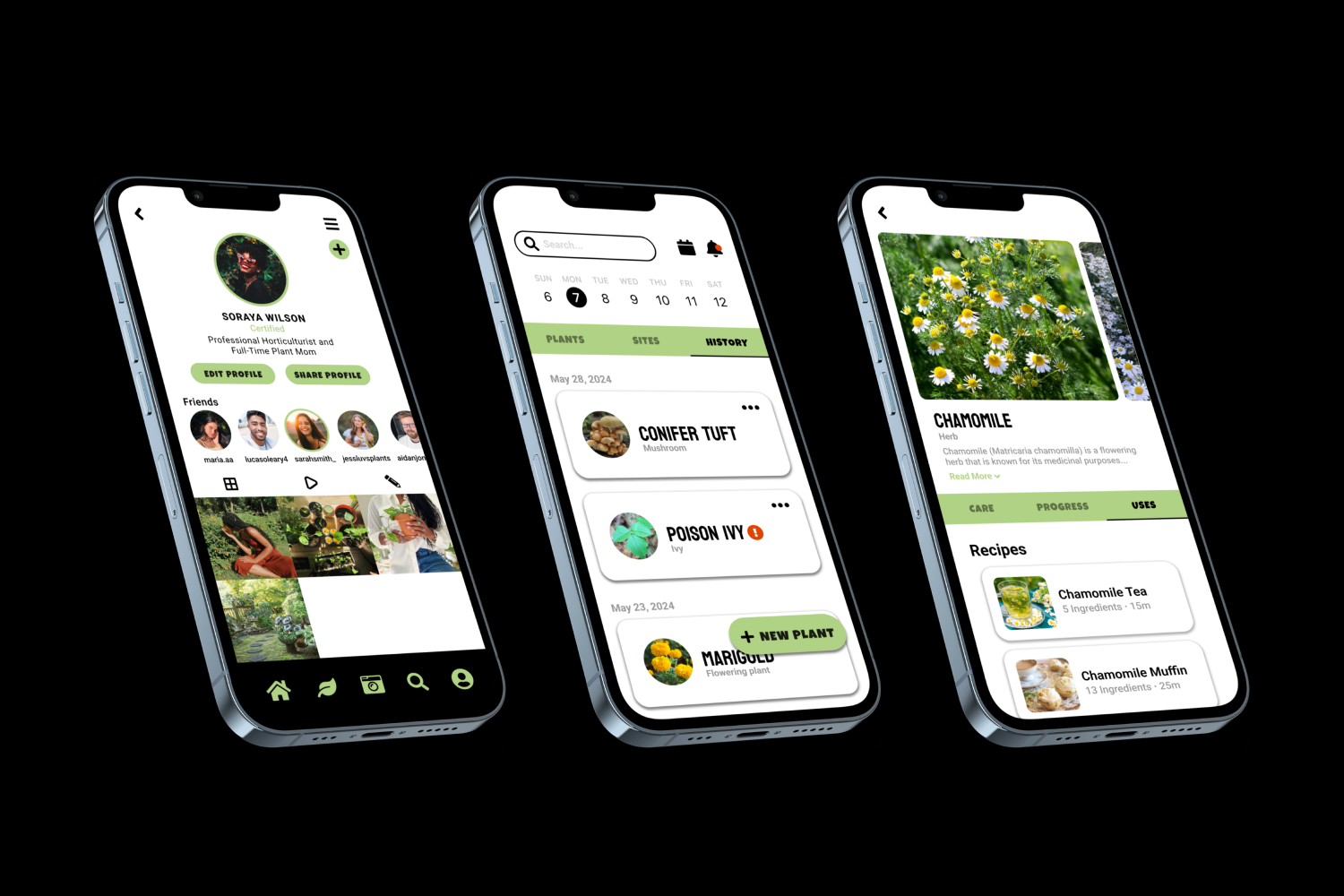 Three mobile phone mockups of the plant details, plant library, and account screens.