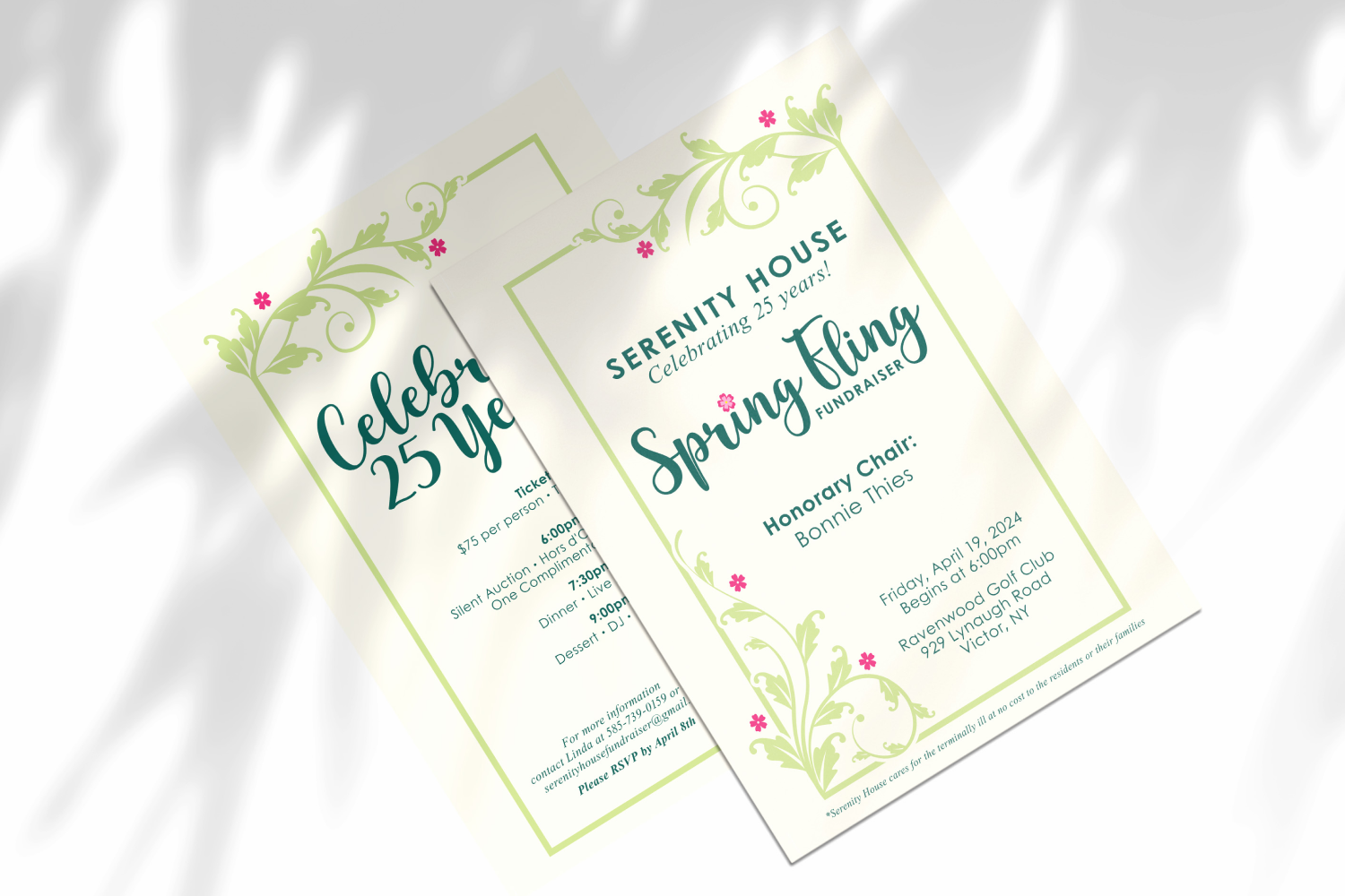 Event schedule card with light green vines with small pink flowers border design and the words "Celebrating 25 years!".