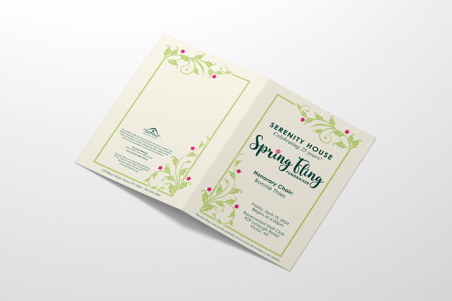 Fundraiser brochure with light green vines with small pink flowers border design and the words "Serenity House Spring Fling".