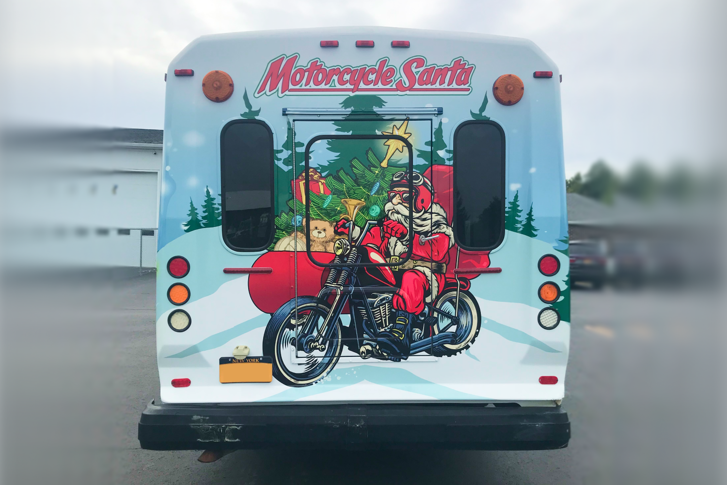 Rear view of bus wrap.