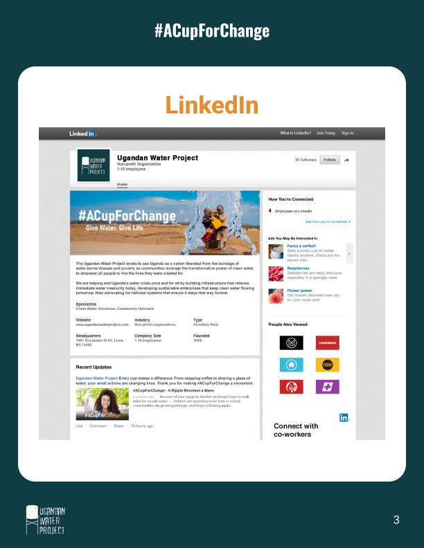 LinkedIn page mockup branded for #ACupForChange campaign