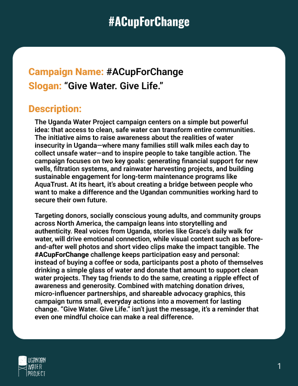 Campaign description showing how clean water access changes lives, raises awareness of water insecurity, and encourages donations for wells and long-term solutions.