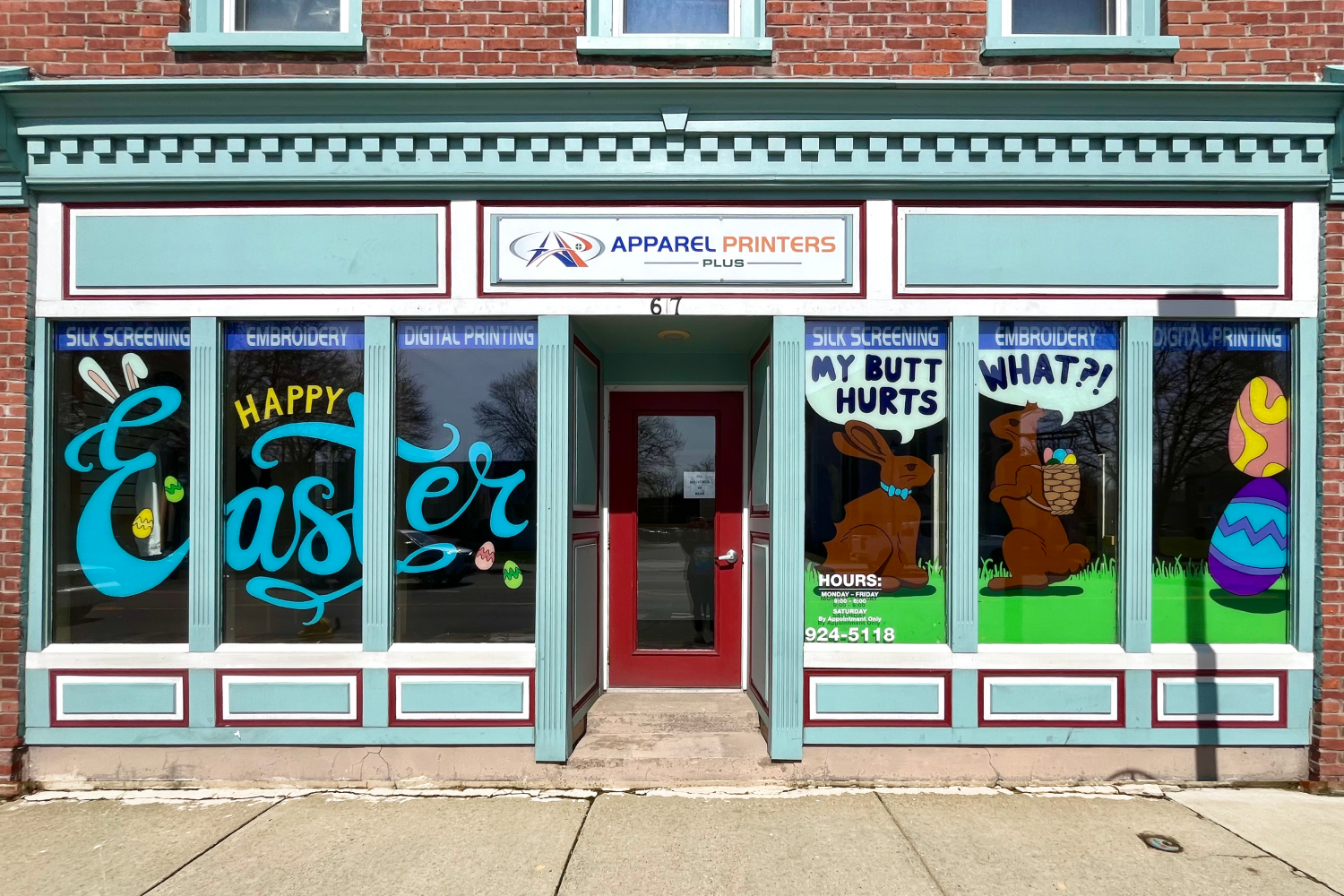 (Left) Little colorful easter eggs and the words "Happy Easter" painted in blue cursive letters. (Right) Two chocolate bunnies, one with a bite taken out of its' butt saying, "My butt hurts", and the other with its' ears bitten off saying, "What?!"