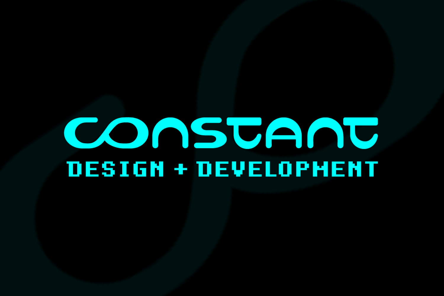 Logo: "Constant" in curvy custom font, the C and O bend together to form and infinity symbol, the words "design and development" are below in a pixelated font, everything in bright green.