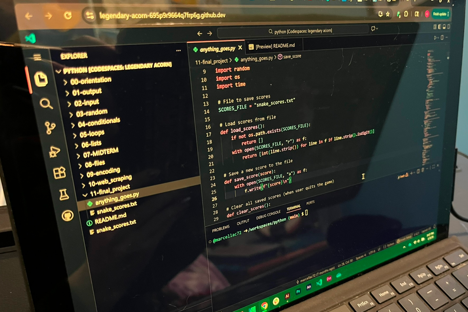 Coding in GitHub's Codespaces.