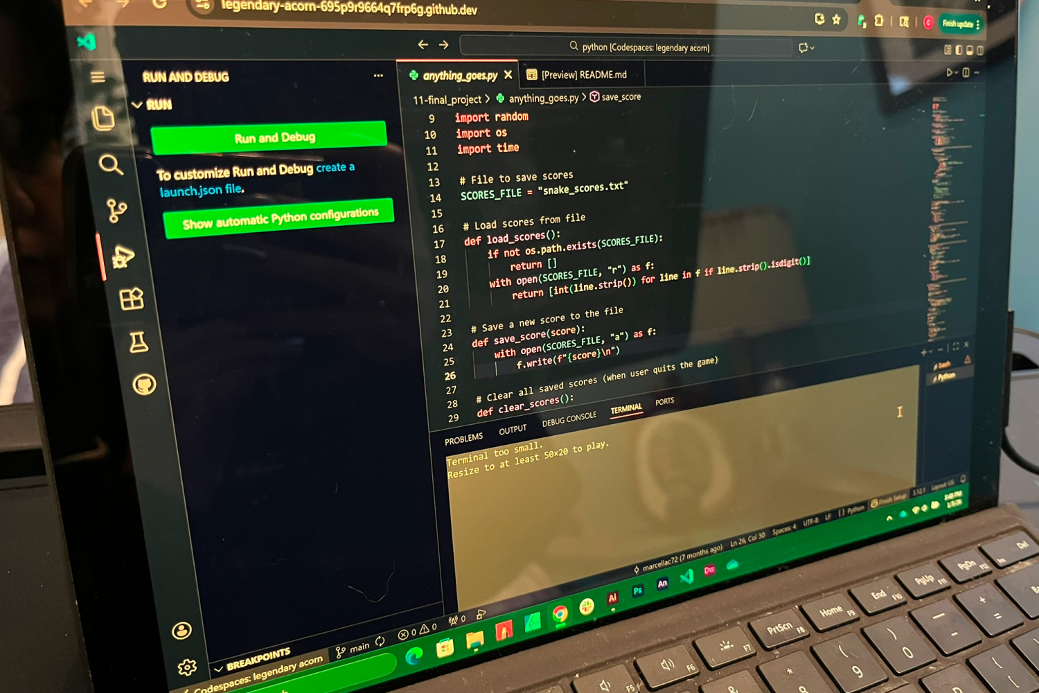 Testing the game in the terminal and getting an error.