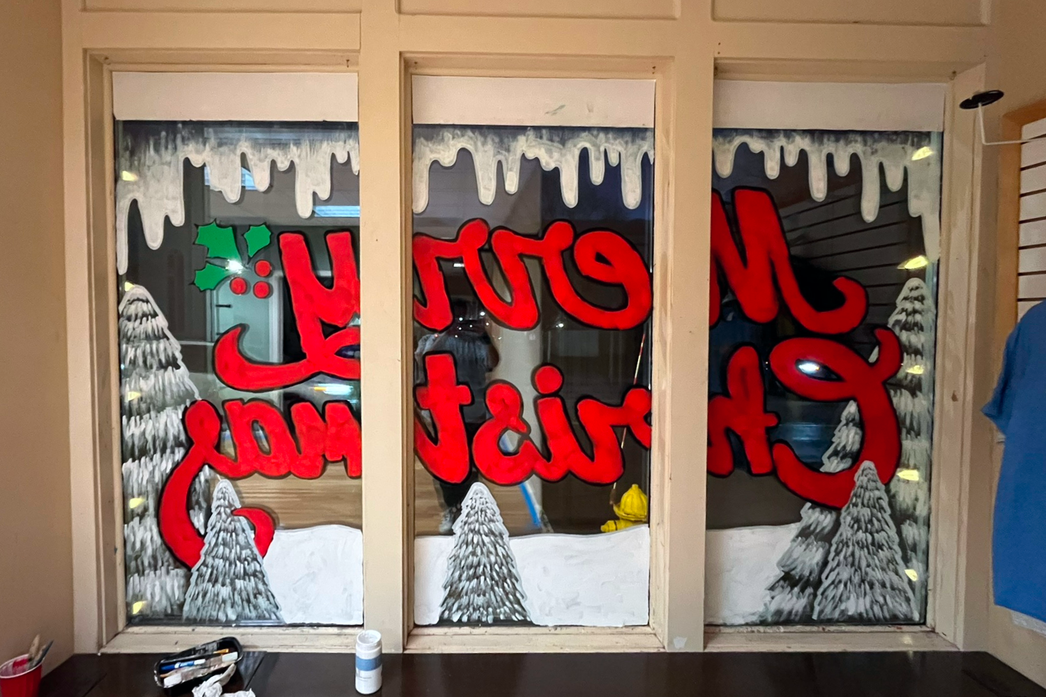 Back of the Merry Christmas window full painted, (photo taken from inside the building).