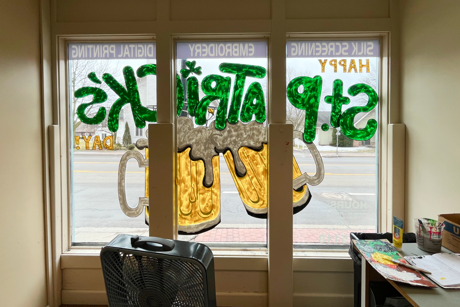 Back of the beer glasses, fully painted (photo from inside building).