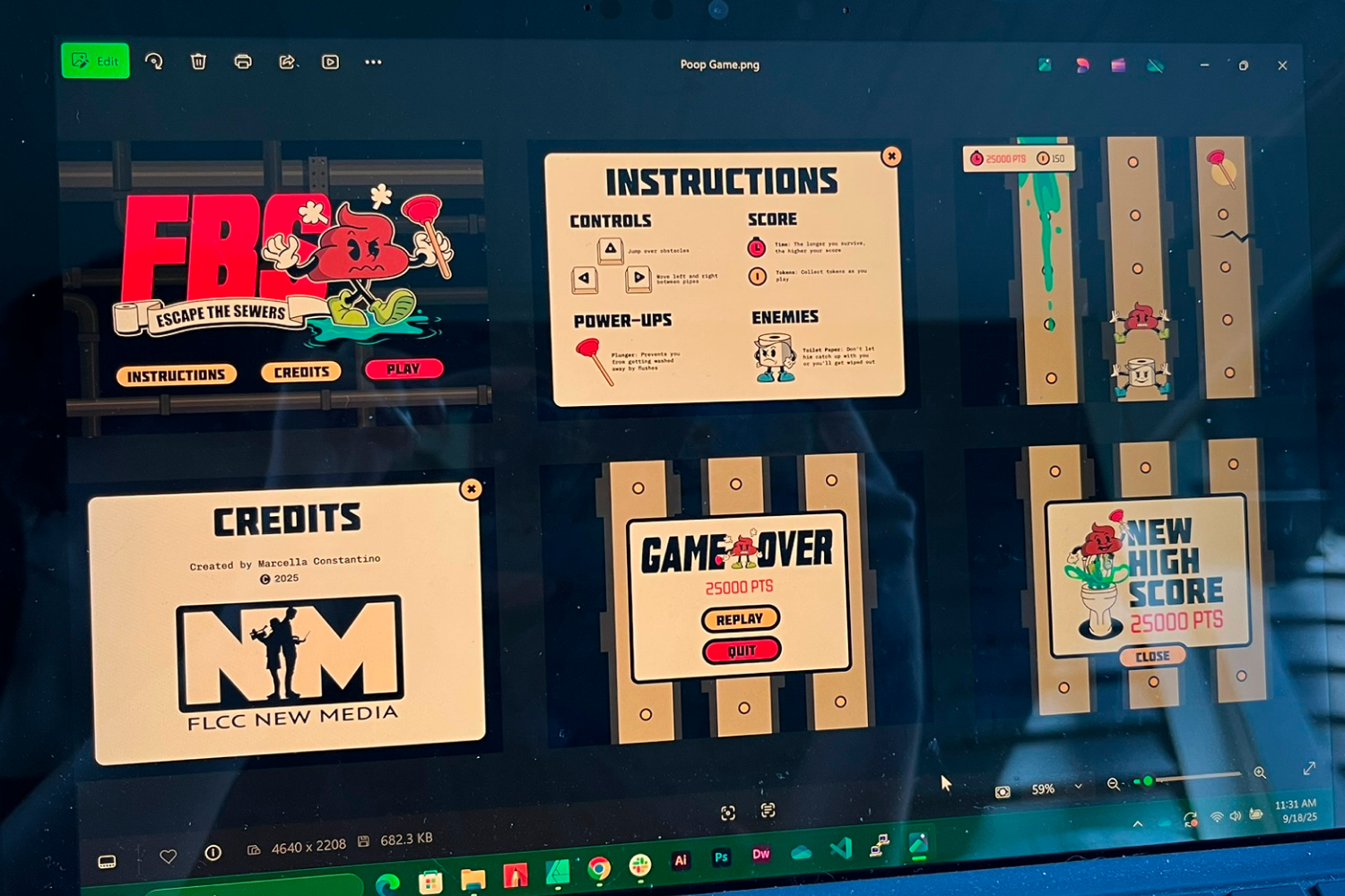 Mapping out each screen (game play, instructions, etc.) in Figma.