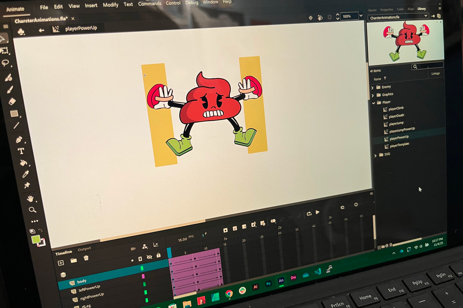 Animating character sprites in Adobe Animator.