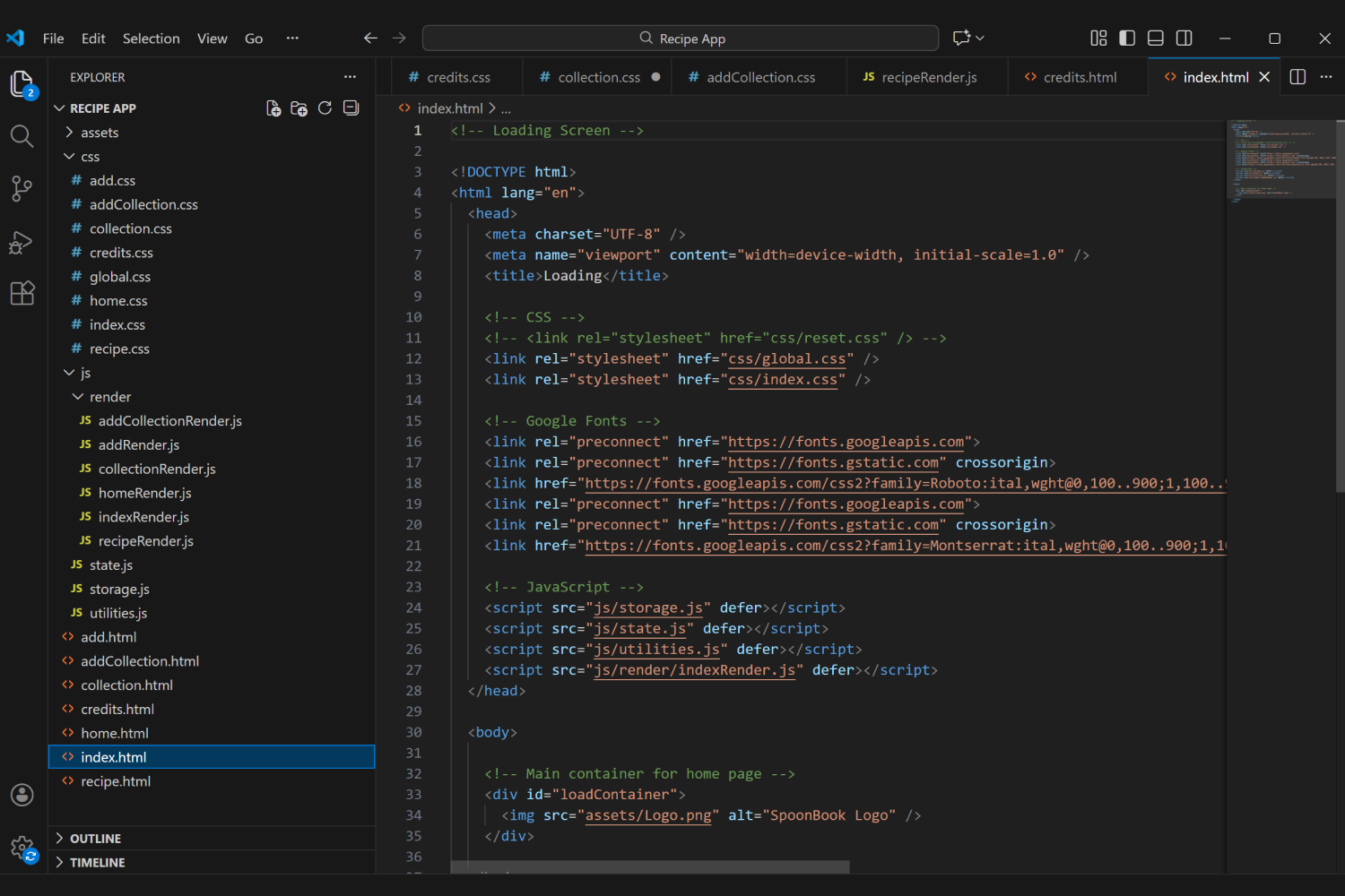 Coding the index page in Visual Studio Code.