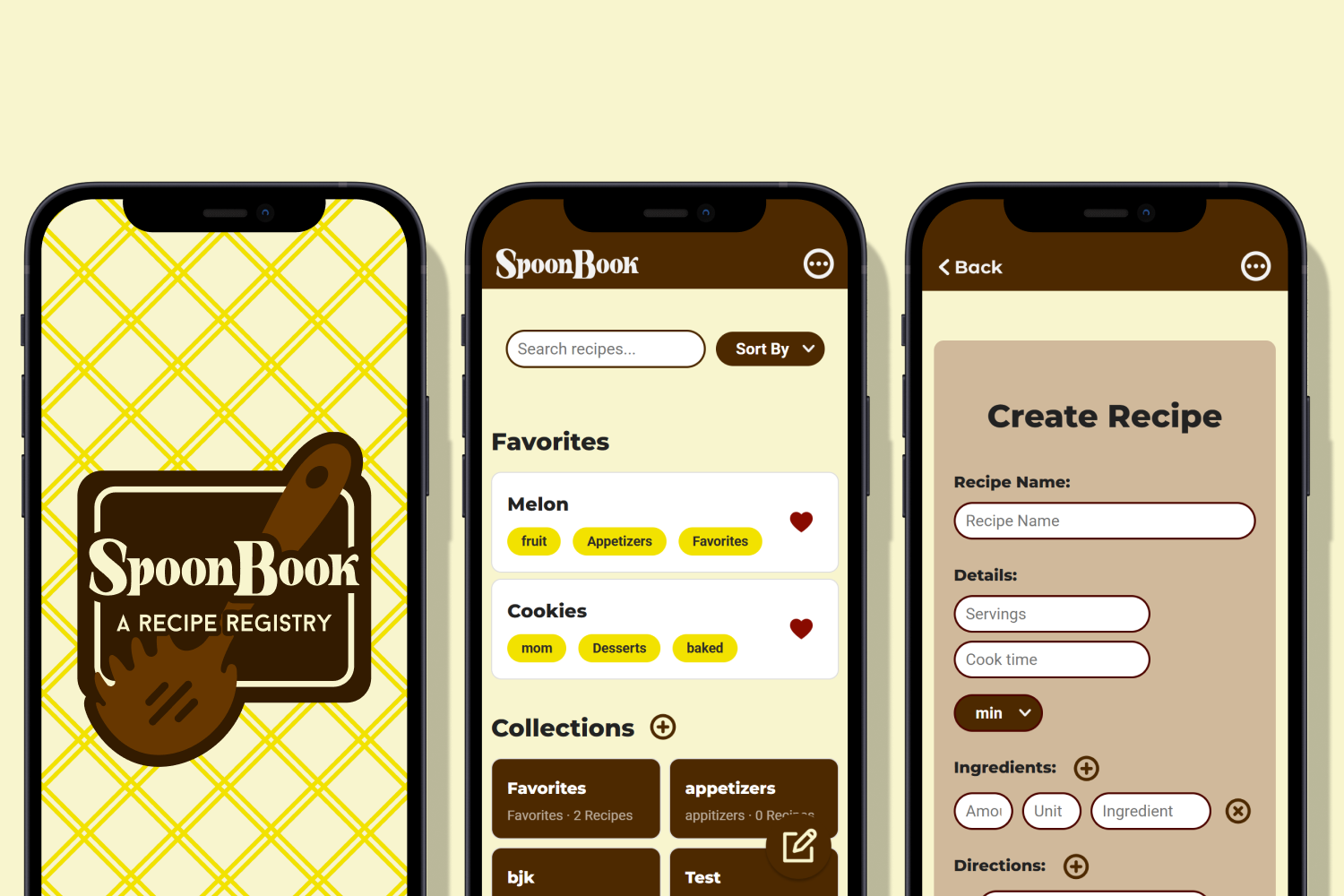 Three mobile phone mockups of the loading, home, and new recipe screens.