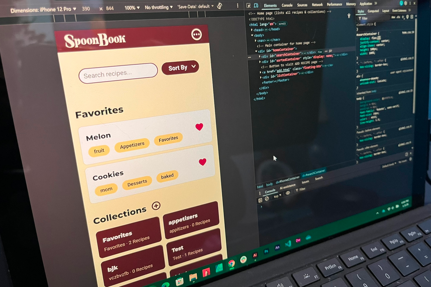 Debugging the code using the browser's inspector window.