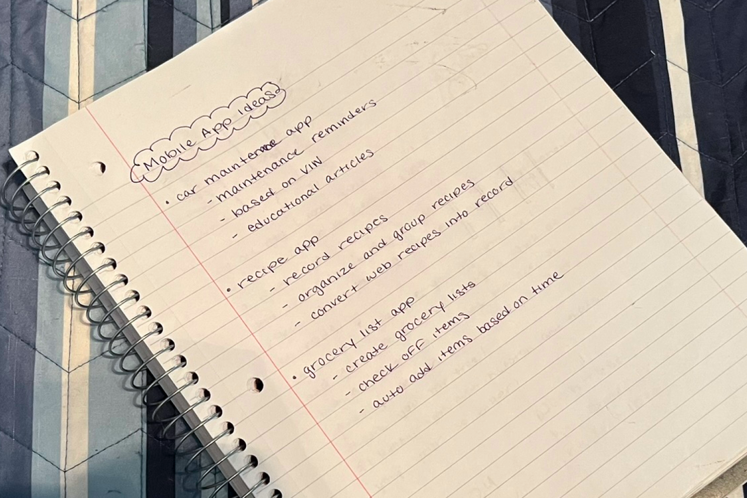 Handwritten list of initial app ideas including a car maintenance tracker, a recipe app, and a grocery list app.