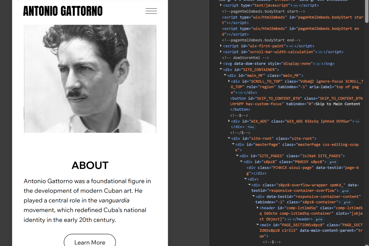 About page with the browser's code inspector open.