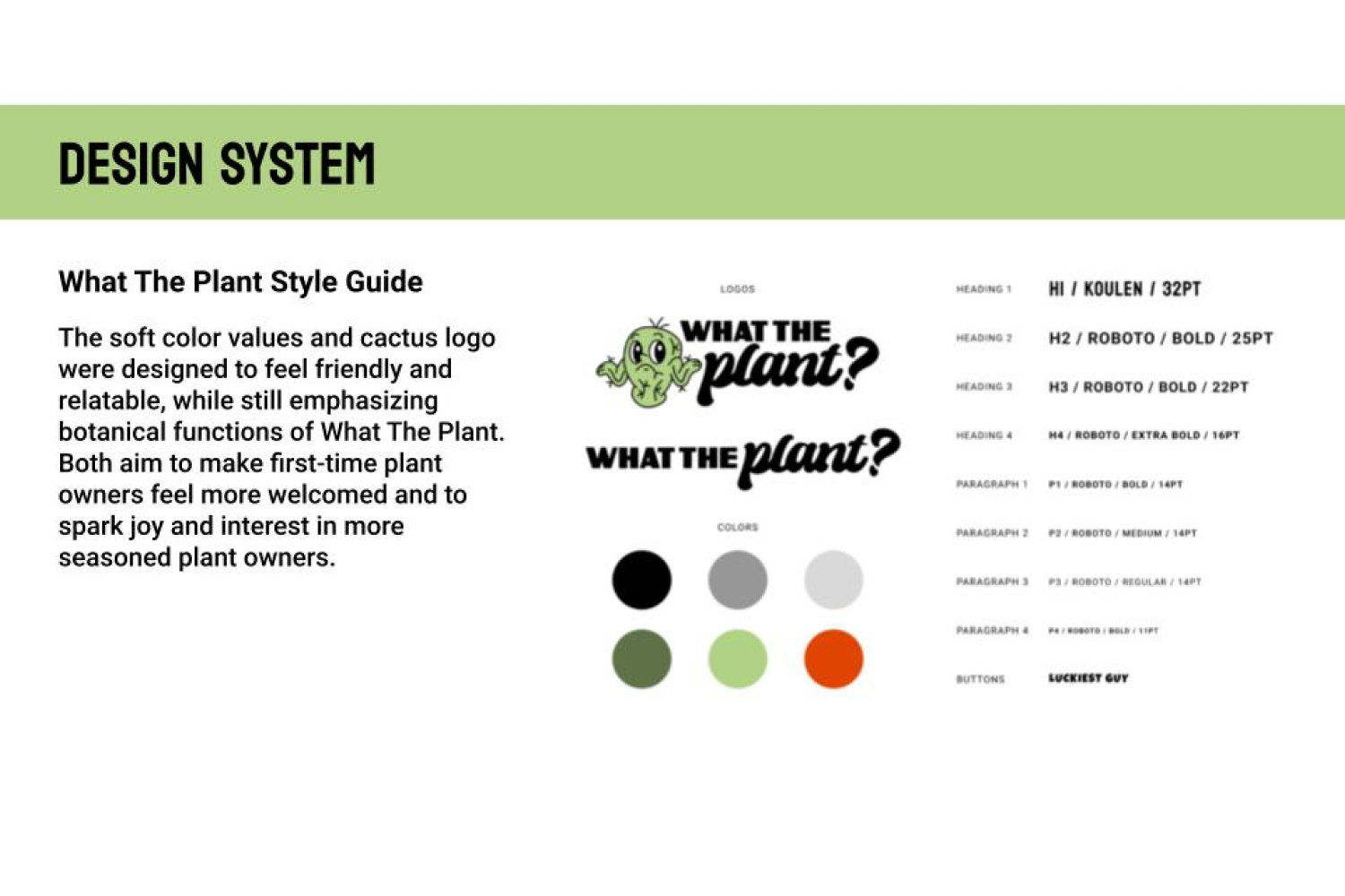 Design system showing all the colors, fonts, text hierarchy, and logo for the project.