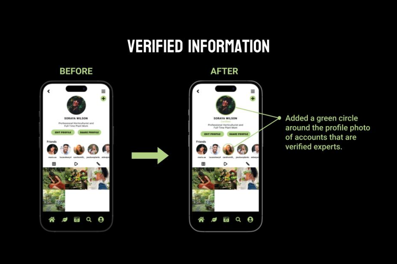 Mockup of plant library screen before and after iterating: Added a green circle around the profile photo of accounts that are verified experts.