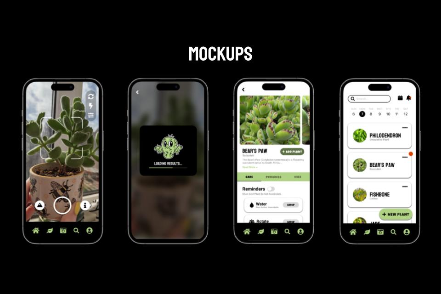 Four mobile phone mockups of the plant identification process: camera, loading, plant details, and plant library screens.