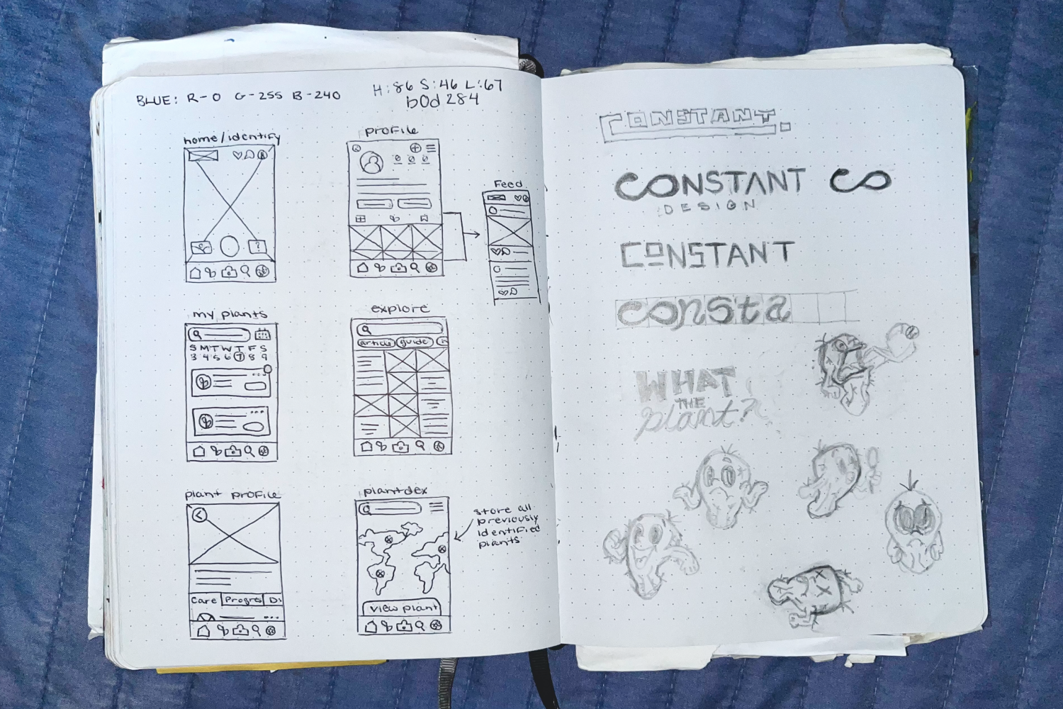 Paper wireframes and logo sketches.
