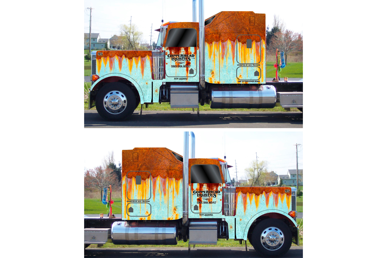 Second proof, more refined, showing two sides of the truck and the logo.