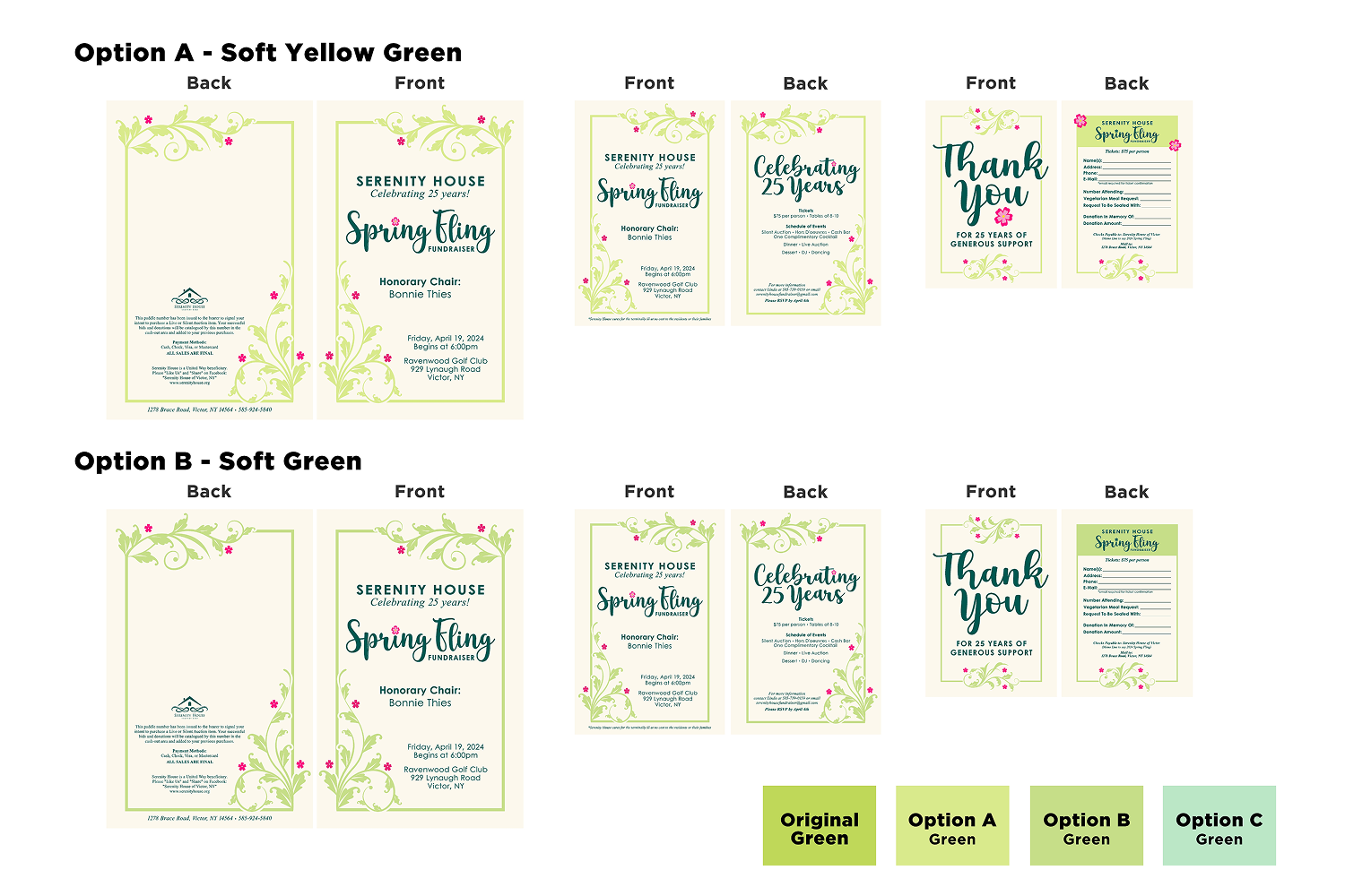 Second proof, dark green text, multiple options for the vine color vine border and small pink flowers.