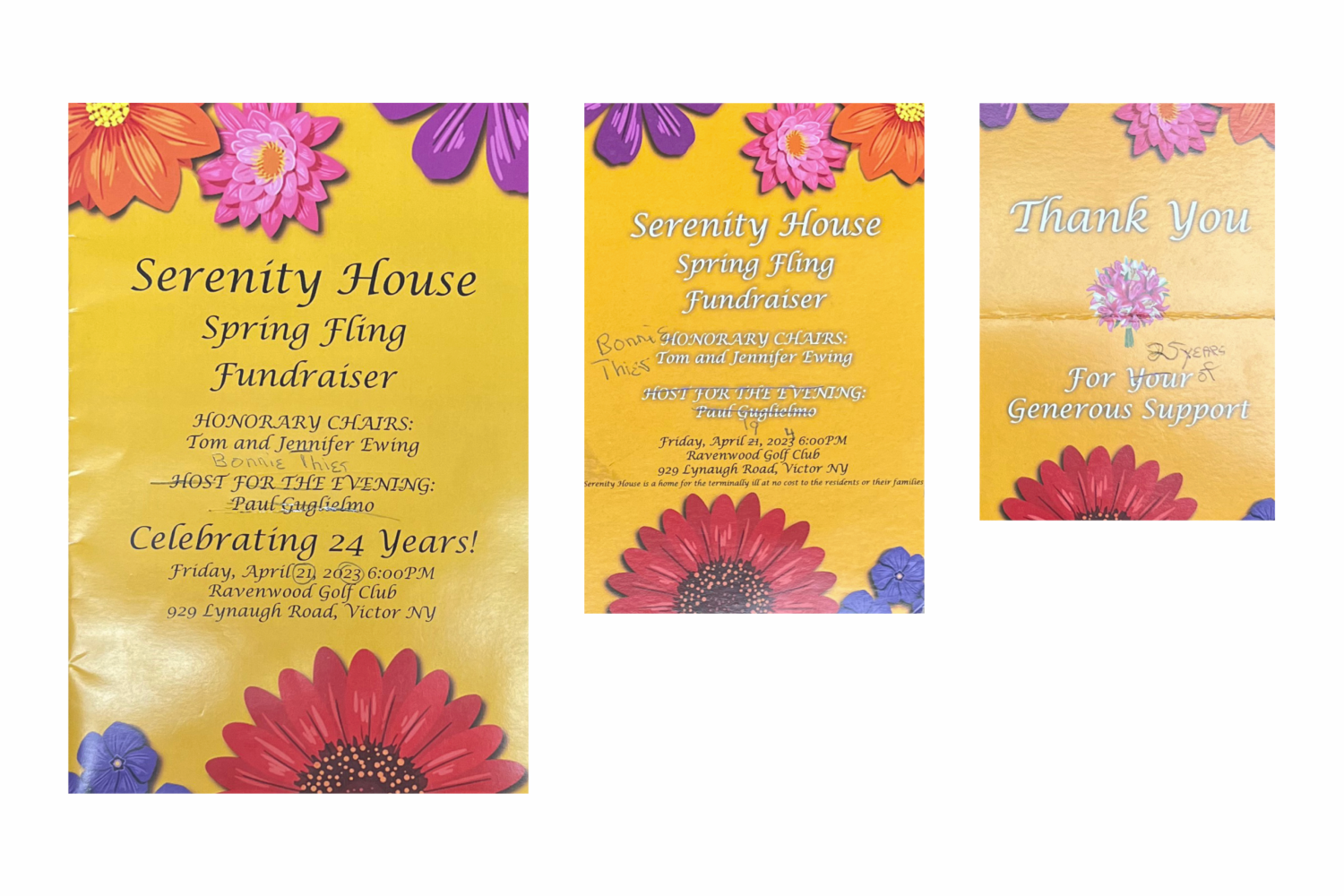 Three brochures with dark yellow background, realistic images of flowers along the border, and black script text with a white outline.