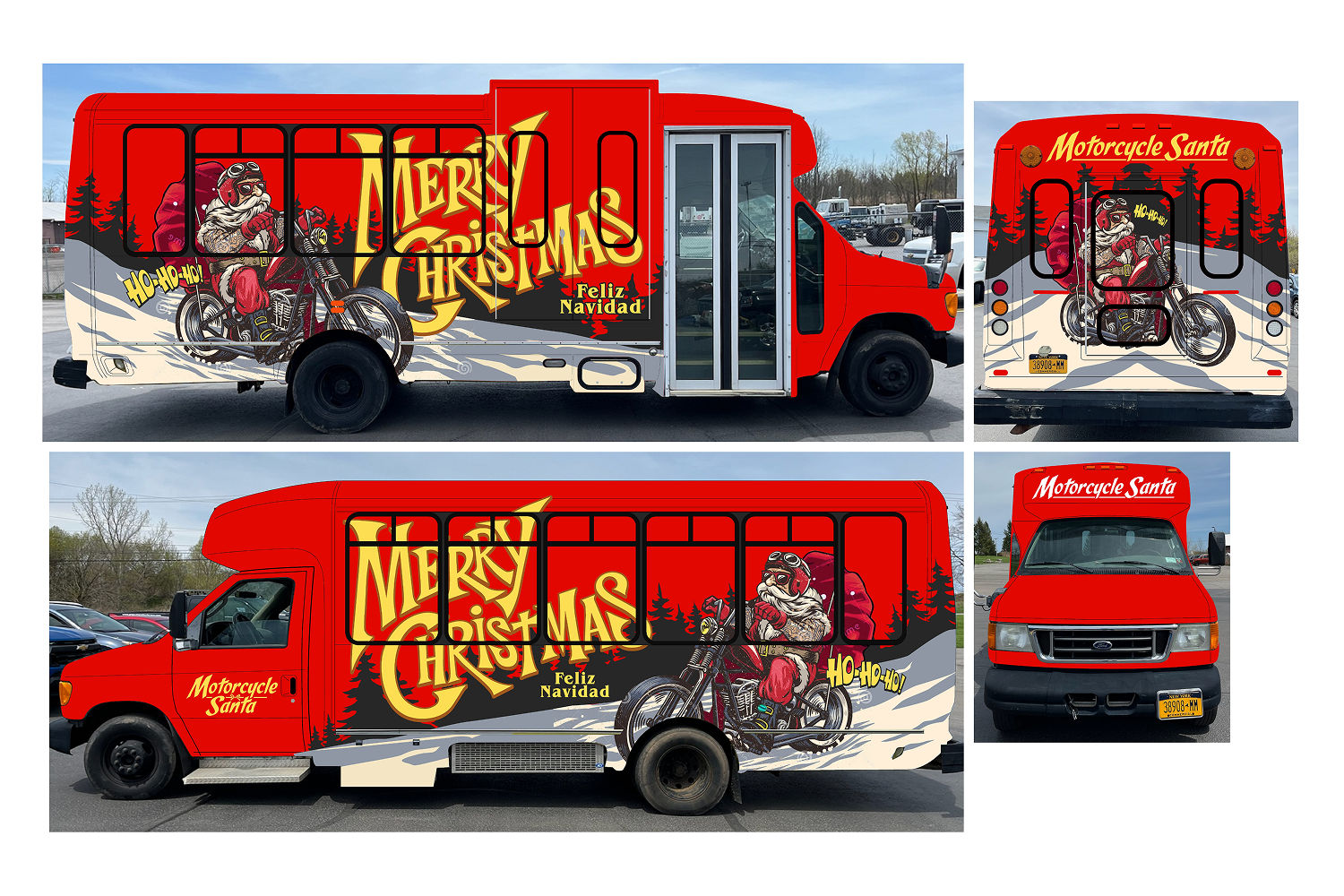 Initial proof: red background, "Merry Christmas" in yellow, and Santa riding a motorcycle.