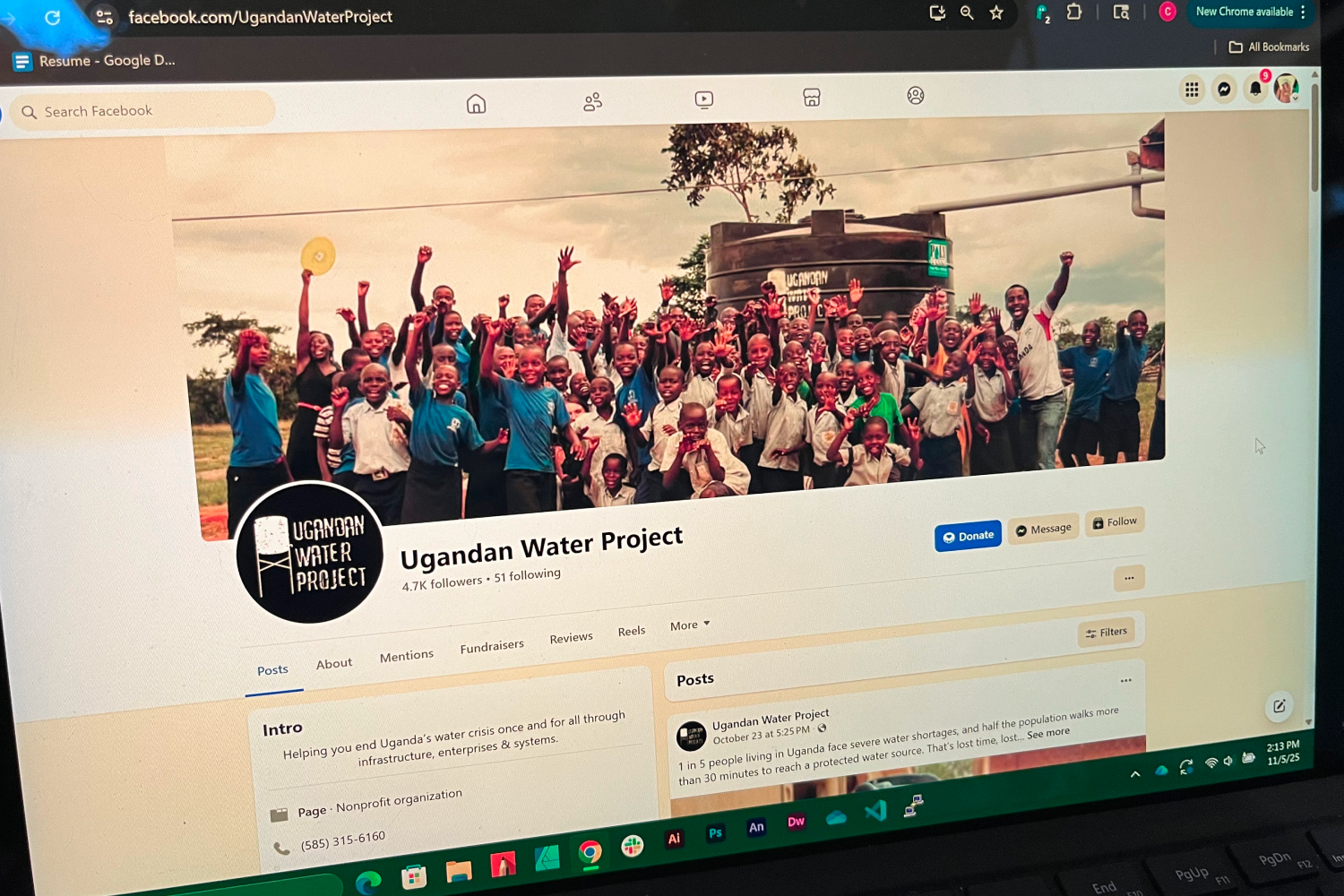 Ugandan Water Project's Facebook page