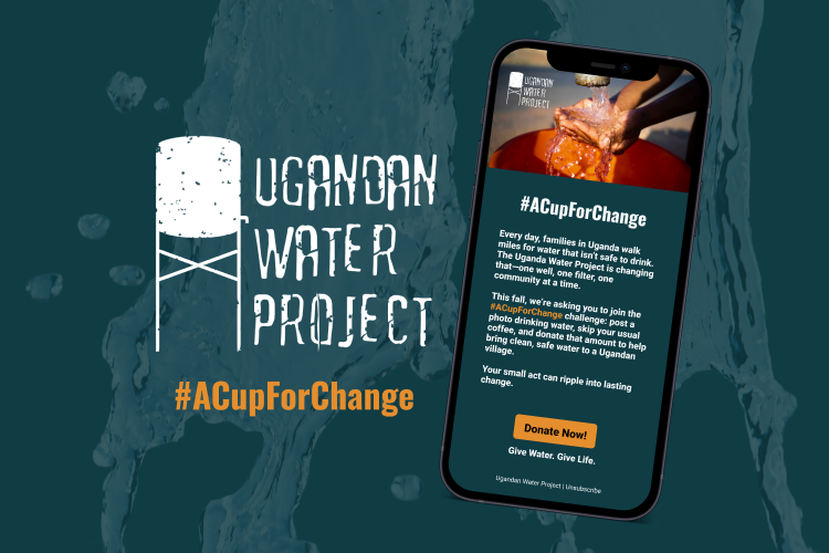 Ugandan Water Project Logo with a mobile phone mockup featuring an email blast to the right of it, all on a dark green background.