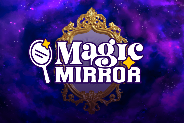 Magic Mirror logo with an ornate golden mirror behind it and a swirling purple background.