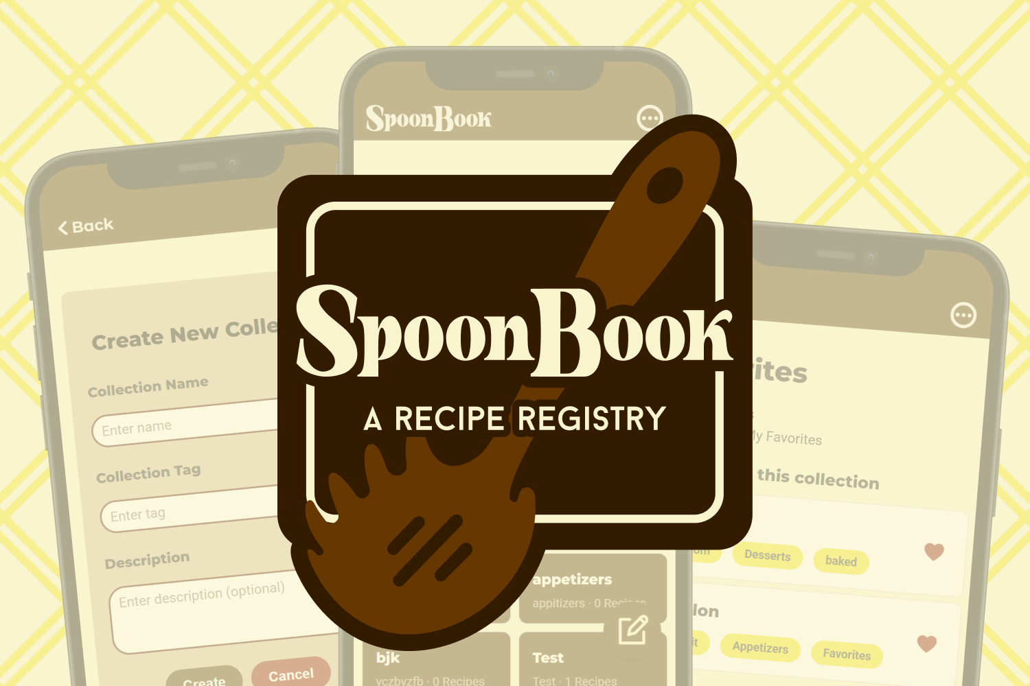 SpoonBook logo with three mobile phone mockups of the home, collections, and new recipe screens.