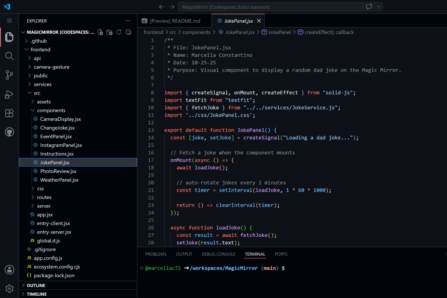 Coding the Joke panel in GitHub.