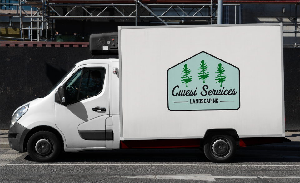 White delivery truck with Cwesi Services Landscaping logo featuring three green trees on its side.