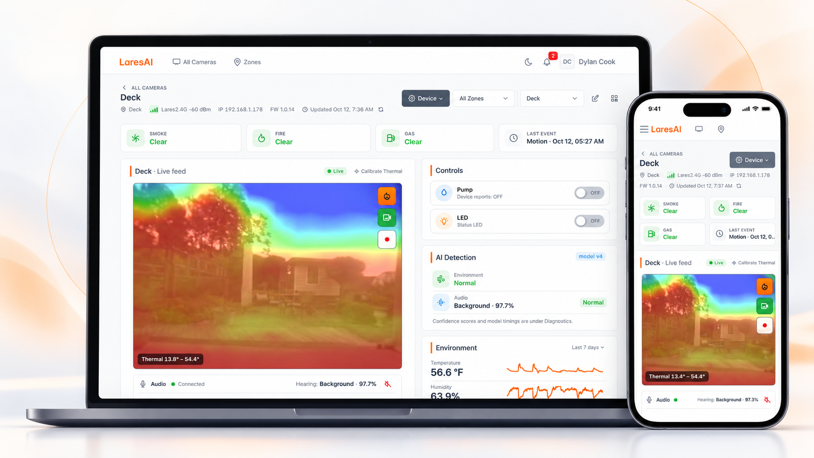 LaresAI app on a laptop and phone showing a live thermal view and sensor status