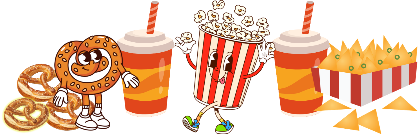 Popcorn, pretzels, nachos and drinks