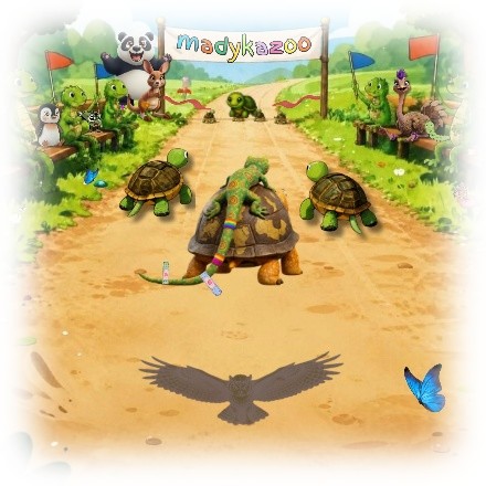 Cartoon of a turtle race where a lizard is riding on the back of one turtle to help it across the finish line.