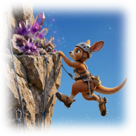 Cartoon of a kangaroo rock climbing a cliff reaching for purple crystals.