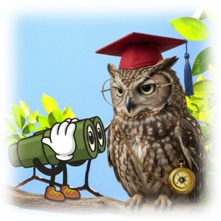 Cartoon of binoculars looking at an Owl, looking at it.