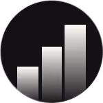Circular icon with three vertical bars of increasing height representing a signal strength indicator on a dark background.