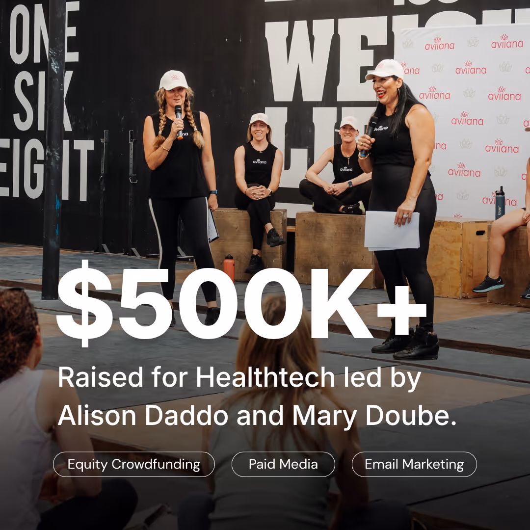 Four women in matching black outfits and white hats speaking and sitting in a gym setting with large text promoting $500k+ raised for healthtech led by Alison Daddo and Mary Doube.
