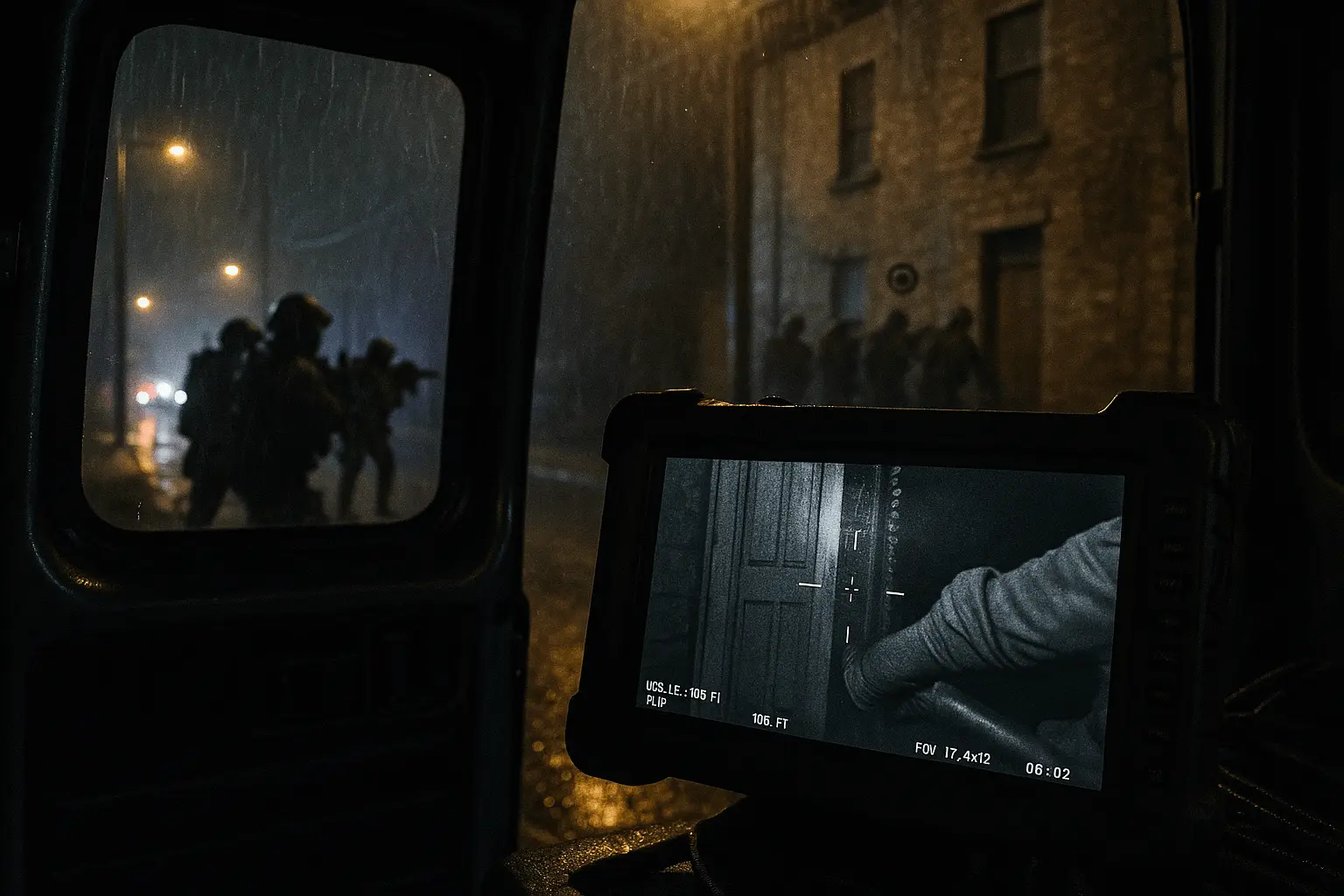 A swat team breaching a door.