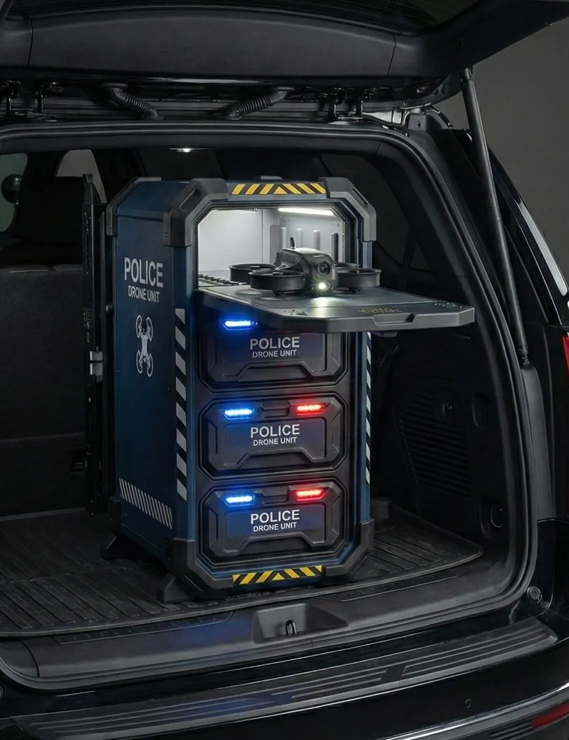 Police drone unit storage case with an open compartment holding a small drone, placed in the back of a vehicle.