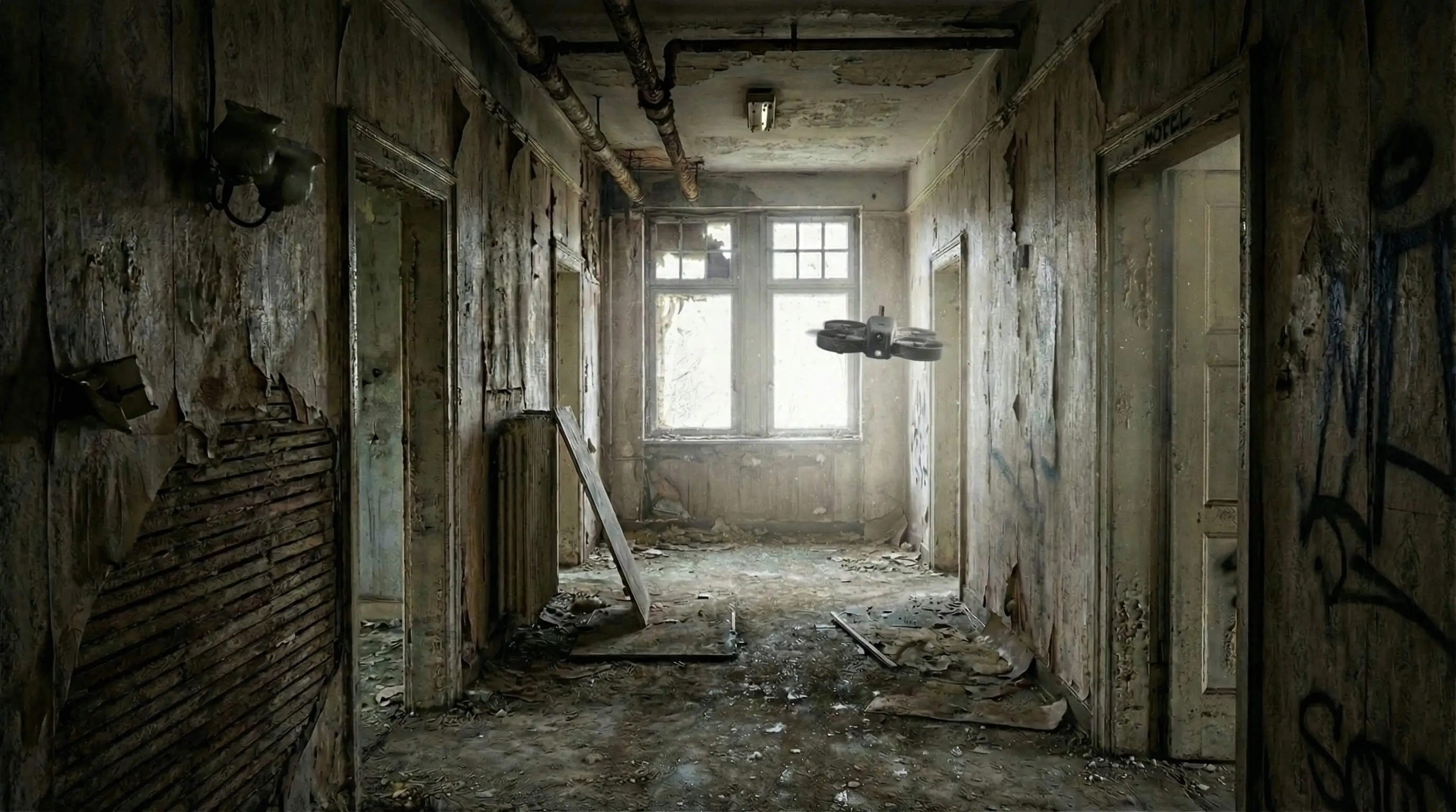 Small black drone flying in a dimly lit, abandoned hallway with peeling walls and debris on the floor.