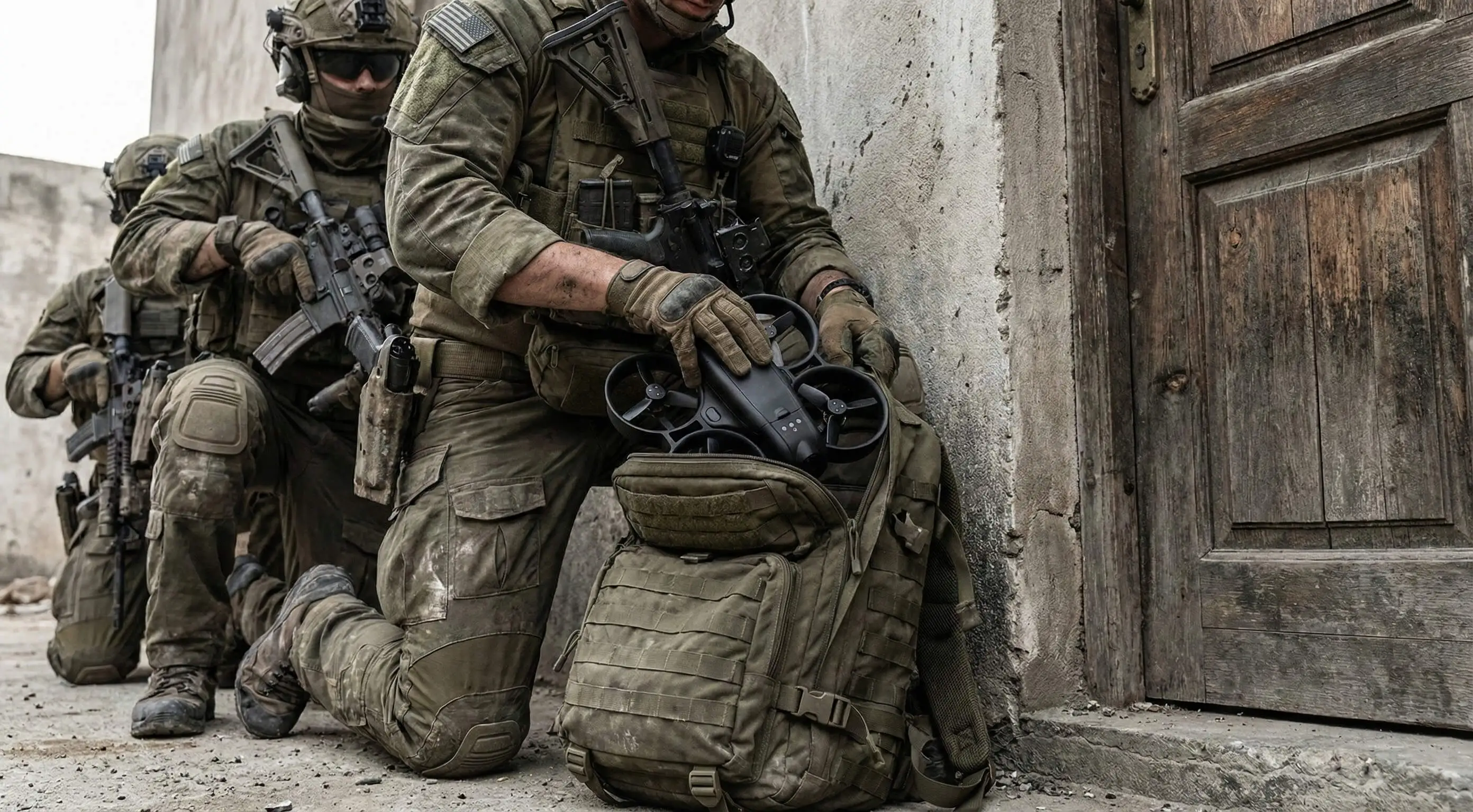 Three soldiers in tactical gear kneeling outside a building with one soldier placing a drone into a military backpack.