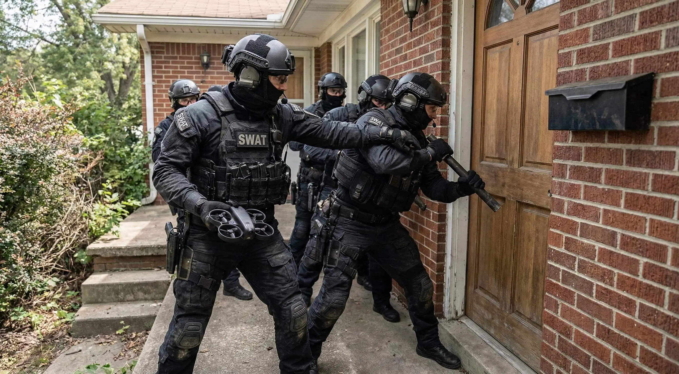 SWAT team members in tactical gear preparing to breach a wooden door at a brick house, one holding a battering ram and another a drone.