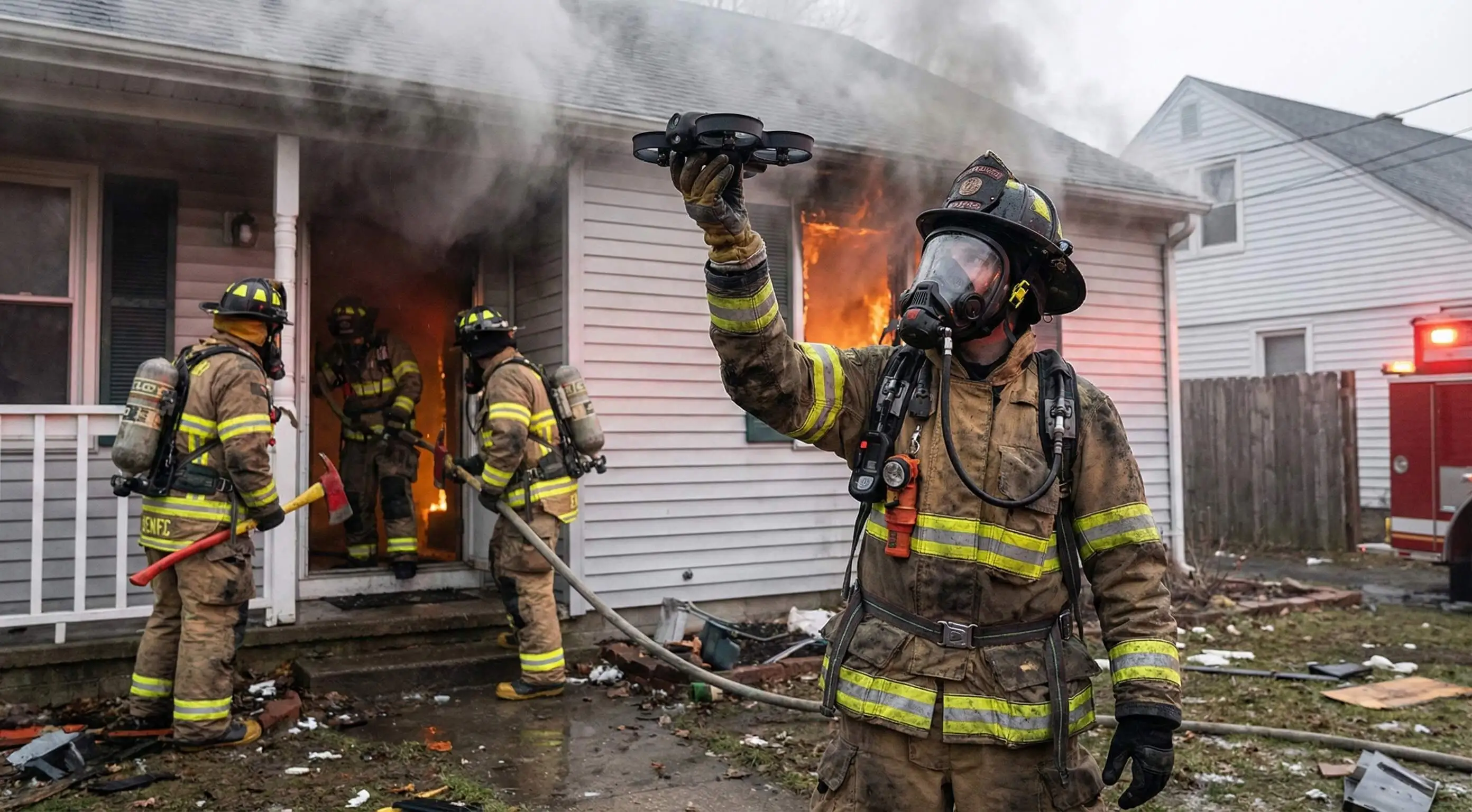Firefighters in full gear extinguishing a house fire with flames and smoke visible, one firefighter holding a drone.