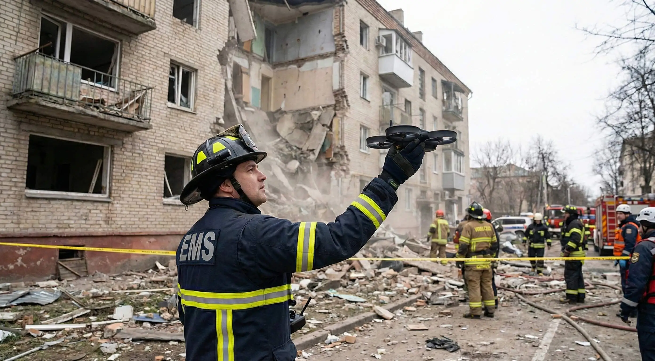 EMS worker in protective gear deploying a drone at a building rubble disaster site with emergency responders in the background.
