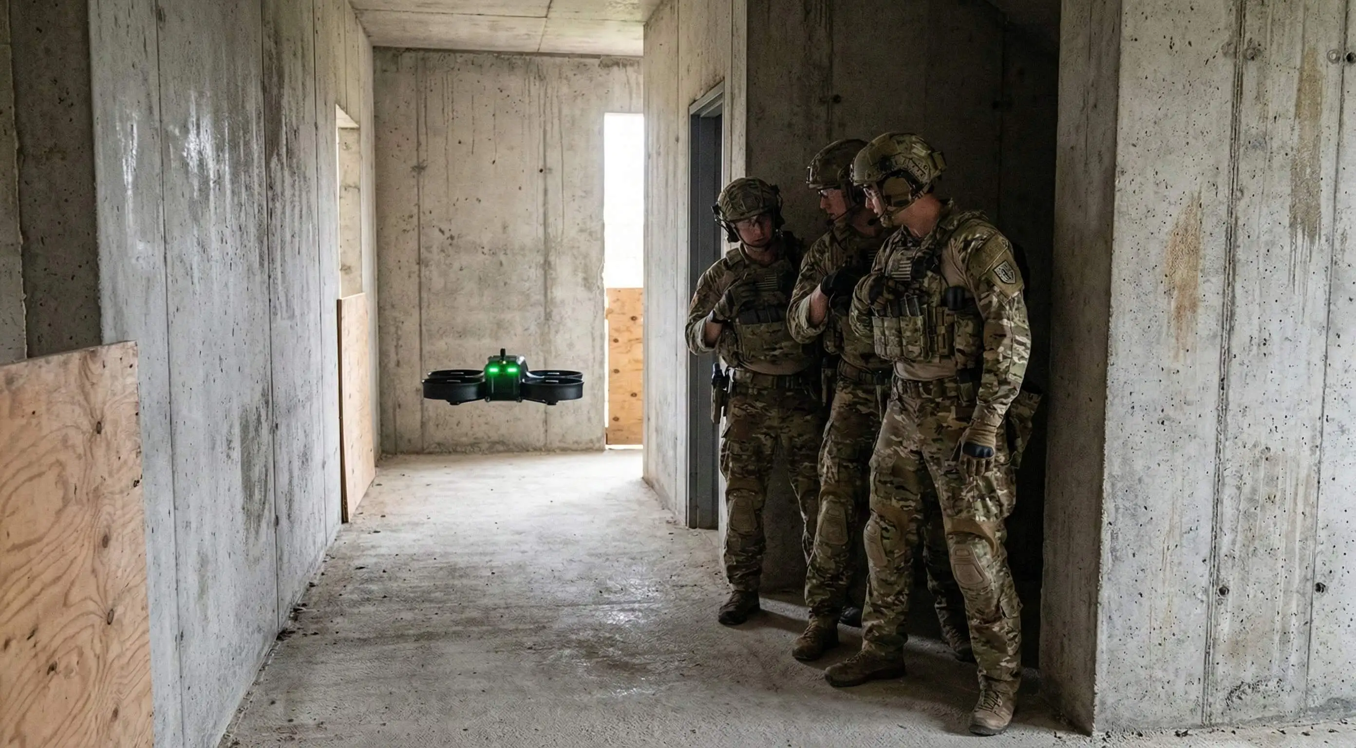 Three soldiers in camouflage gear standing against a concrete wall inside a building with a small drone flying nearby.