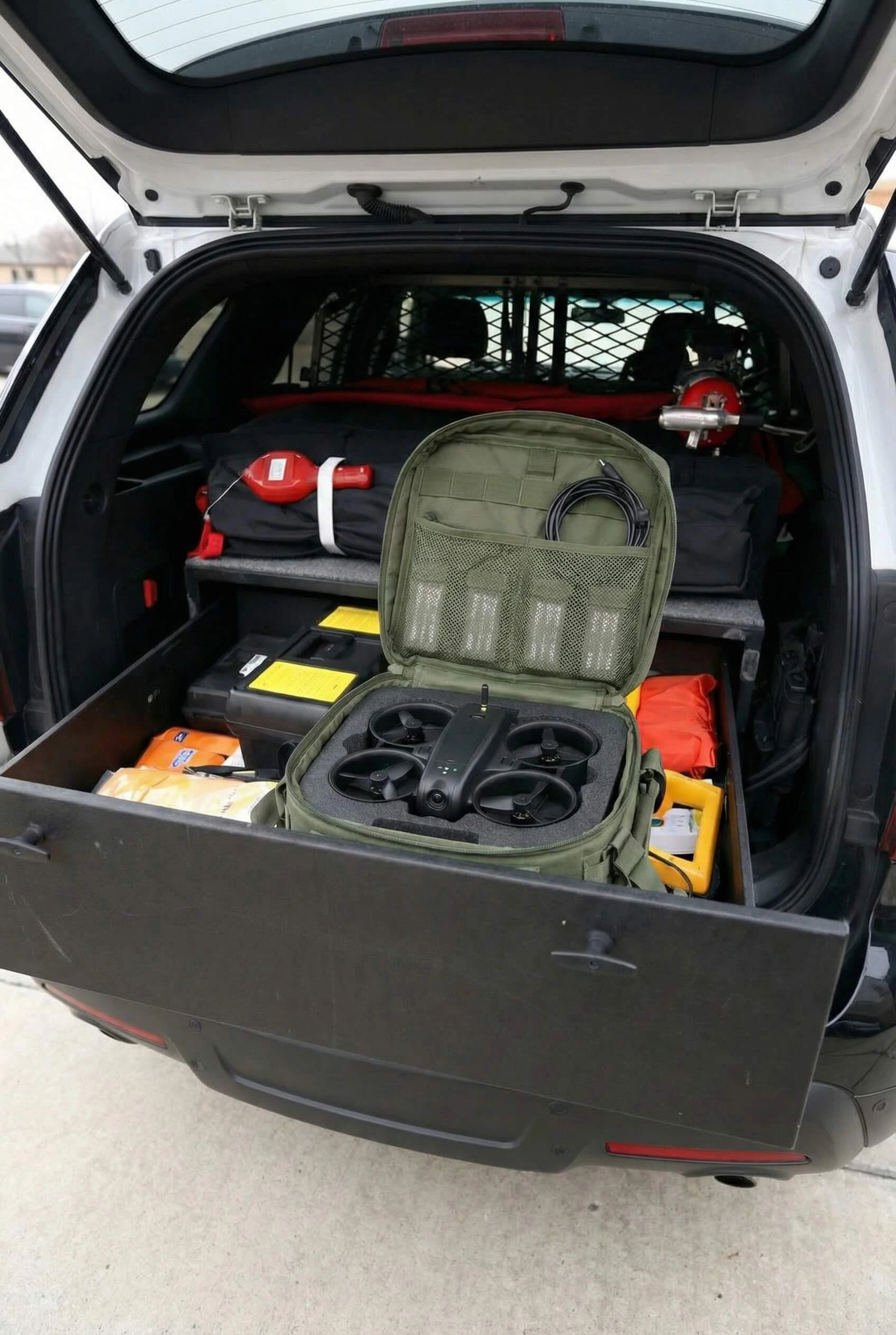 Open rear compartment of a vehicle showing a green case with a black quadcopter drone inside, surrounded by various emergency or utility equipment.