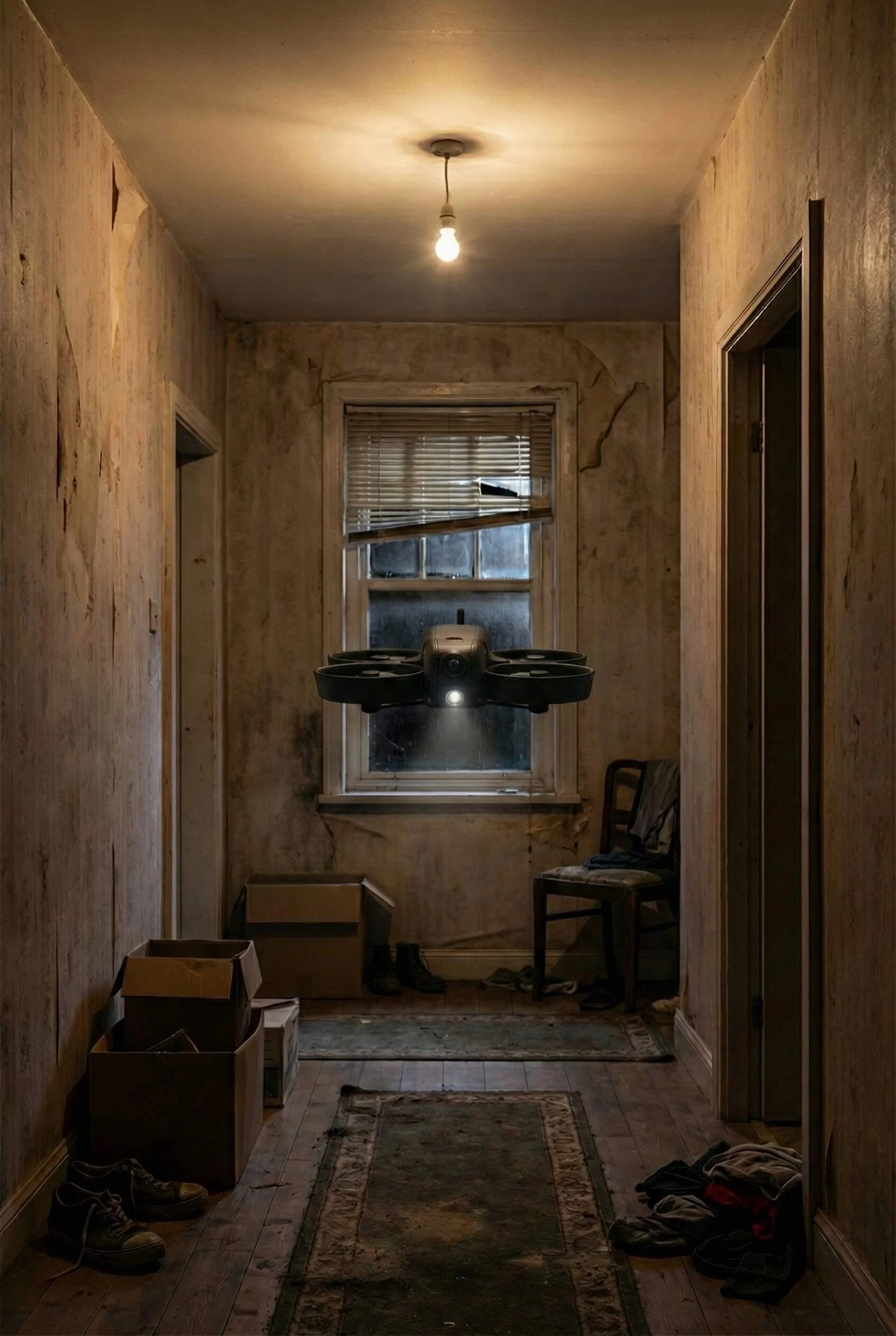 Small drone flying in a dimly lit, narrow hallway with worn walls, peeling paint, and scattered boxes and clothes.